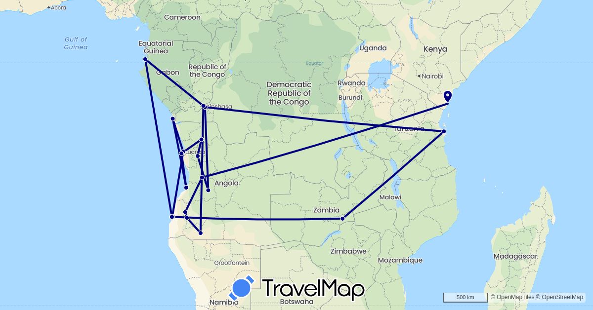 TravelMap itinerary: driving in Angola, Democratic Republic of the Congo, Republic of the Congo, Gabon, Kenya, Tanzania, Zambia (Africa)